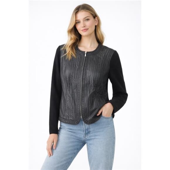 Peter Nygard Jackets & Blazers - Nygard Collection Leather Sweater Jacket Womens L Black Knit Full Zip 90s Y2K